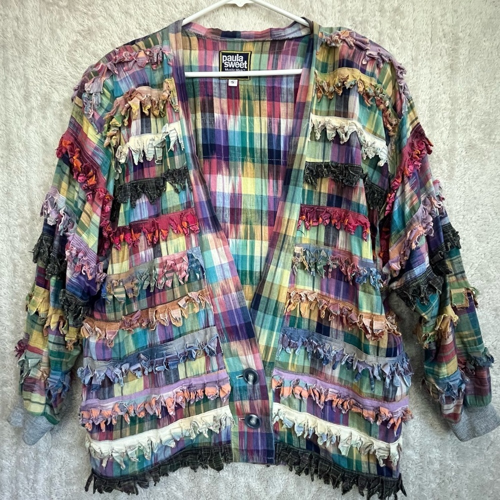 Vintage Paula Sweet Muslin Mink Multi-color Cardigan Jacket Sz S Oversized Artsy